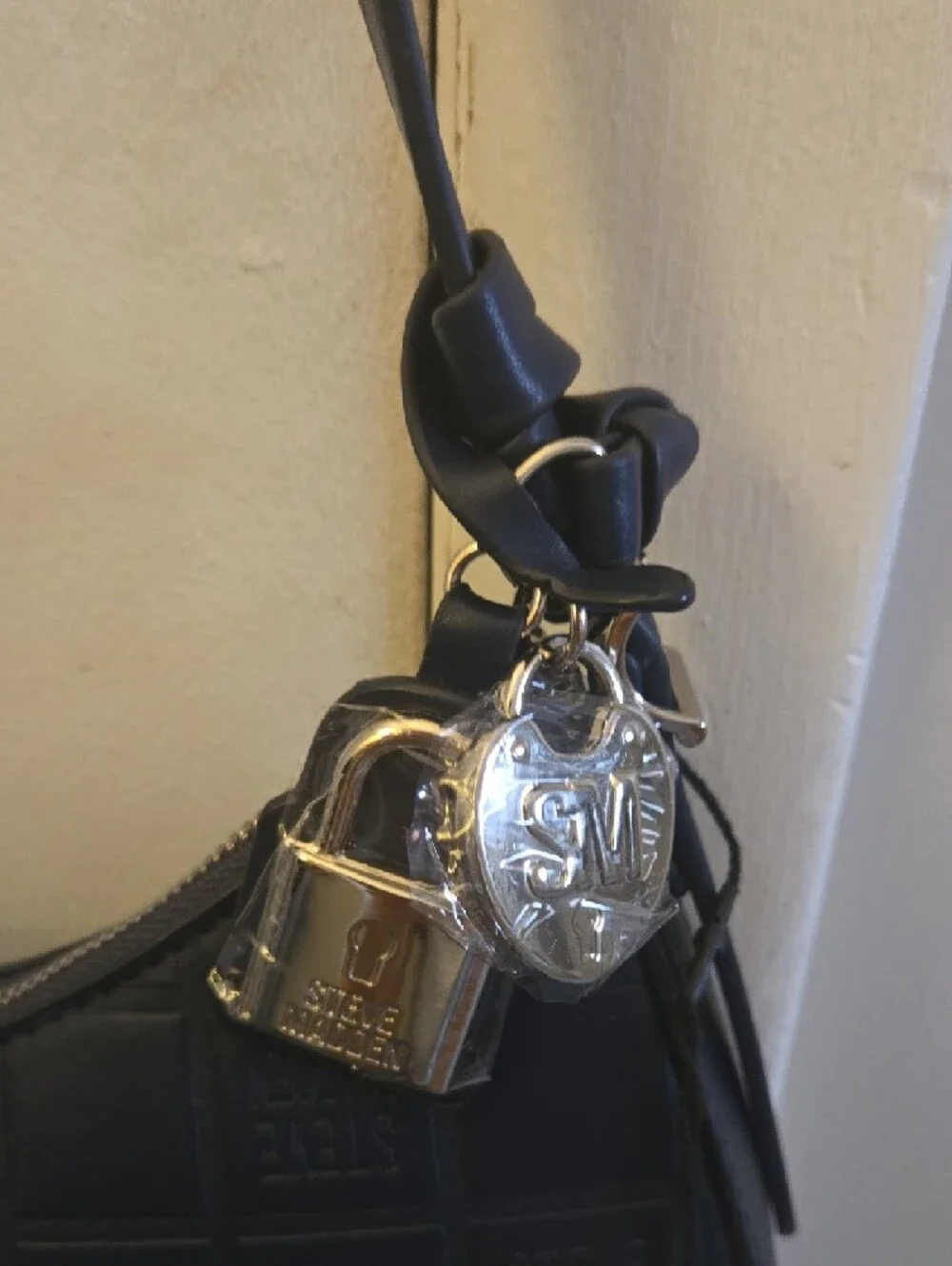 Steve Madden Black Quilted Logo Shoulder Bag with Charm.